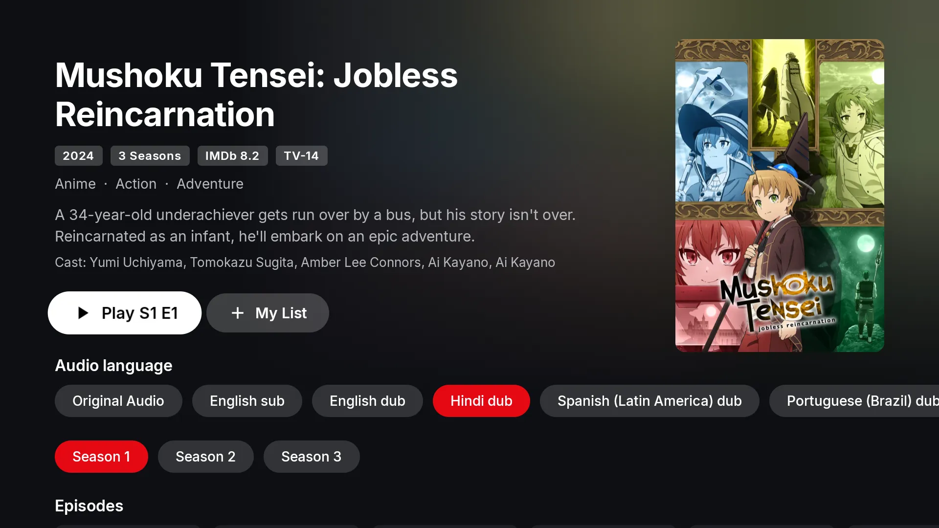 A series page on Android TV: title, seasons, audio language options and a Play button.