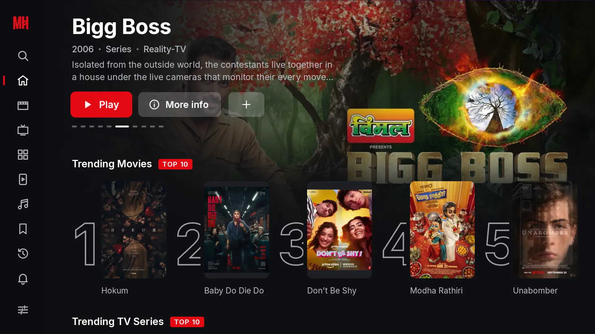 MovieHouse home screen on Android TV: a featured series with Play and More info buttons, and the Trending Movies Top 10 row.