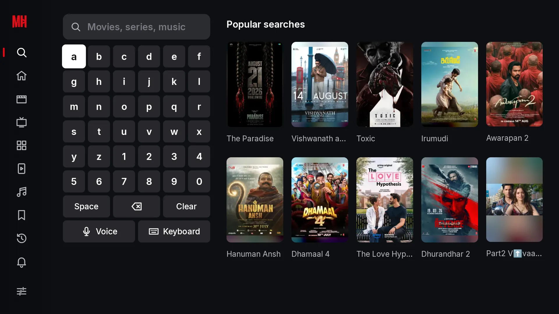 Search on Android TV with an on-screen keyboard and popular searches.